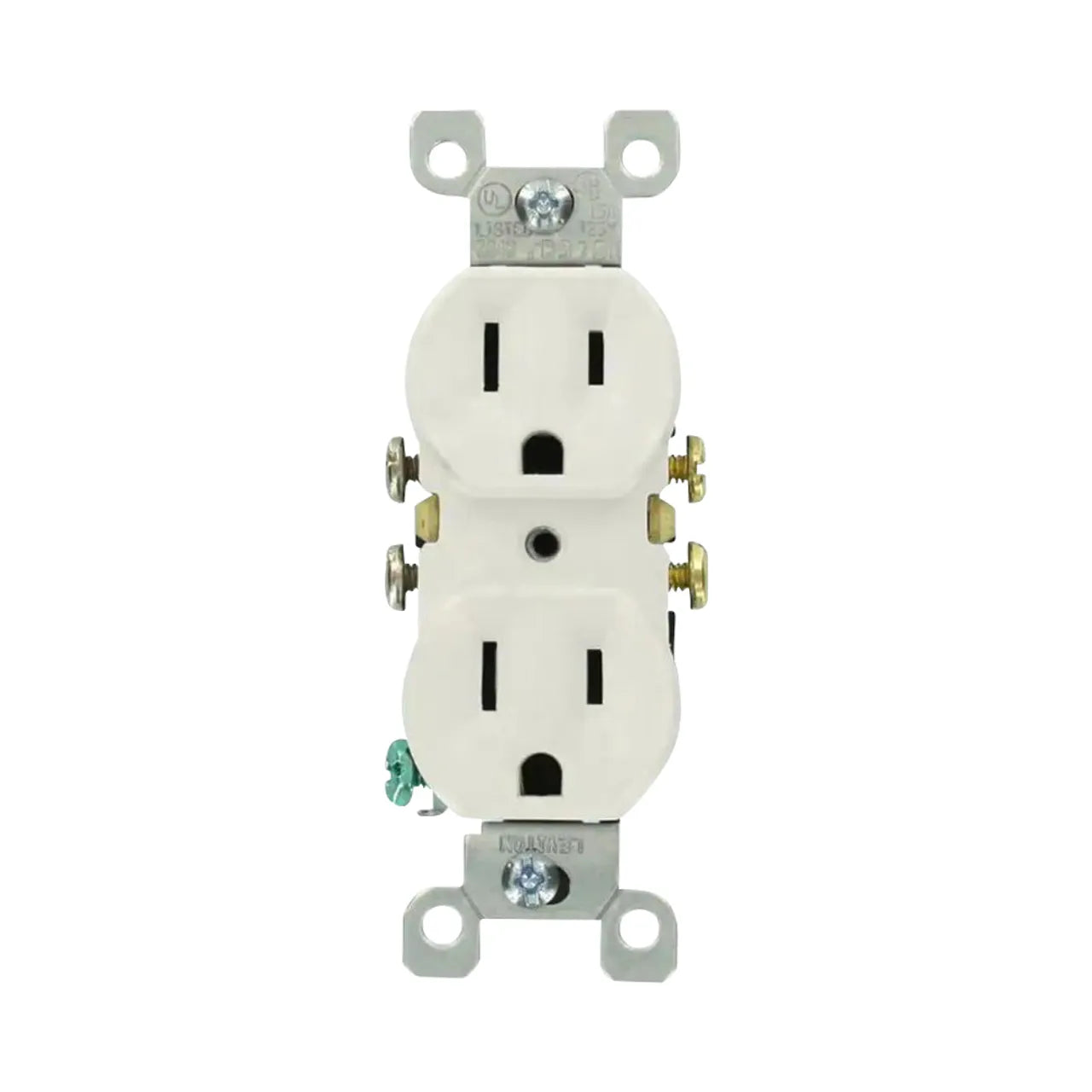 The Go Build 15A Residential Grade Grounding Duplex Outlet in white features two sockets, four side screw terminals, and metal mounting brackets at the top and bottom, shown against a white background.